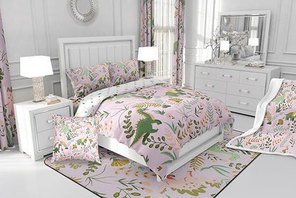 Cute Dino Kids Duvet Cover Set Queen Size,Kawaii Pink Green Dinosaur Polyester Bedding Set for Women Adult,Cartoon Wildlife Floral Leaves Plant Reversible Quilt Cover, 2 Pillowcases (NOT Comforter)