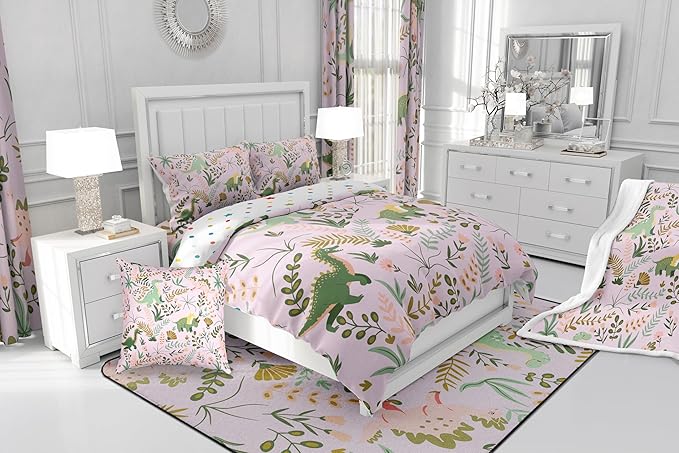 Lovely Dino Kids Full Size Reversible Duvet Cover Set,Kawaii Green Dinosaur Quilt Cover Bedroom Collection,Cartoon Wildlife Floral Leaves Plant Polyester Bedding Set for Girls,Pink (NOT Comforter)