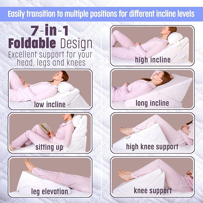 Bed Wedge Pillow for Sleeping – Adjustable Post-Surgery Comfort (7-in-1) – Memory Foam Incline, Leg Elevation, and Head Support – Large 24-Inch with Washable Cover