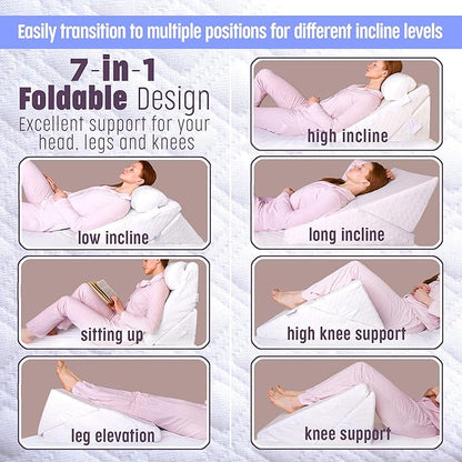 Bed Wedge Pillow for Sleeping – Adjustable Post-Surgery Comfort (7-in-1) – Memory Foam Incline, Leg Elevation, and Head Support – Large 24-Inch with Washable Cover