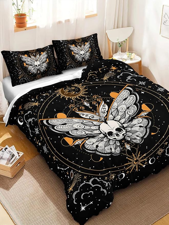 HOSIMA Butterfly Bedding Set for Girls， Gothic Skull Boho Comforter Cover Decor for Bedroom, Sun and Moon Pattern Duvet Cover Twin Size.(No Comforter)