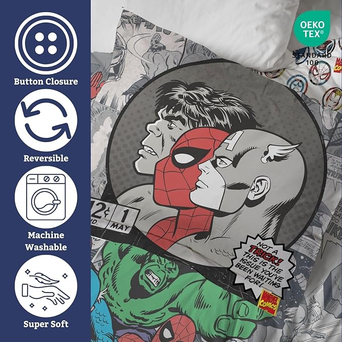 Jay Franco Kids Duvet Cover Set – 2 Piece Super Soft Bedding with Sham Pillowcase, Cover ONLY Comforter Not Included, Grey - Marvel Comics, Twin