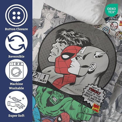 Jay Franco Kids Duvet Cover Set – 3 Piece Super Soft Bedding with Sham Pillowcase, Cover ONLY Comforter Not Included, Grey - Marvel Comics, Full
