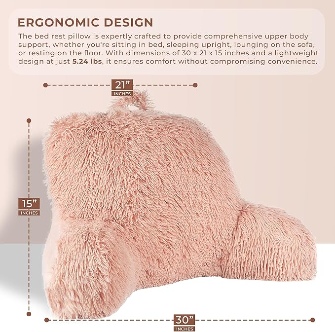 Klear Vu Shaggy Reading Pillow Back Rest Body Pillow for Adults and Kids, Lumbar and Arm Support on Bed, Chair, Couch, Sofa and Floor, 30" x 21", One Size, Apricot Sherbert