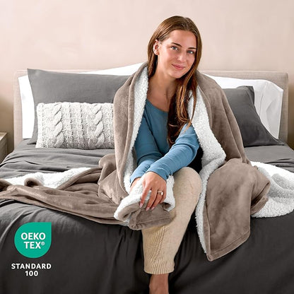 Bare Home Sherpa Fleece Blanket - King Size - Blanket for Bed, Sofa, and Couch - Warm & Lightweight - Fluffy & Soft - Reversible (King, Taupe)