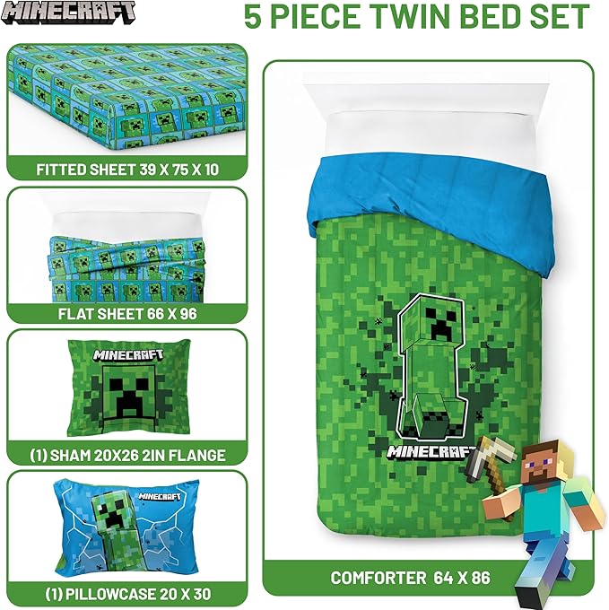 Jay Franco Kids Comforter Set Includes Sheets and Pillow Covers - Soft and Cozy Bed Set for Stylish Room Decor, Green - Minecraft Creeper, 5 Piece Twin Size Bedding