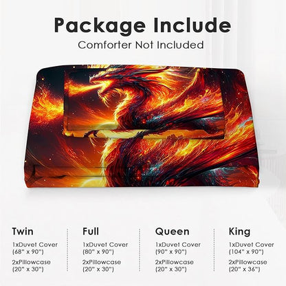 Dragon Bedding Set 3 Pieces Full Size Flame Dragon Duvet Cover Comforter Cover Sets with 2 Pillowcases for Boys Girls Teens Men Women
