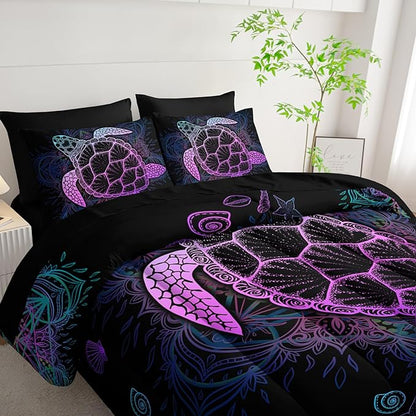 Sea Turtle Comforter Set (7 Piece) - Twin/Queen Size, Black Bedding, Teal Purple Ocean Theme, Soft Microfiber, Sheets Included