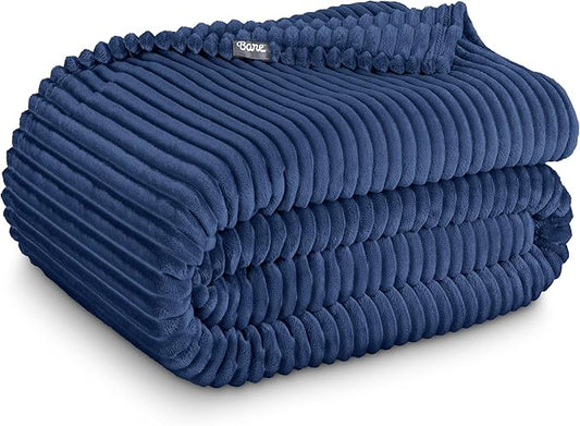 Bare Home Textured Fleece Blanket - King Size - Ultra-Soft Lightweight for Bed, Sofa, and Couch - Luxury Microplush - Cozy Warm Blanket (King, Ribbed Dark Blue)