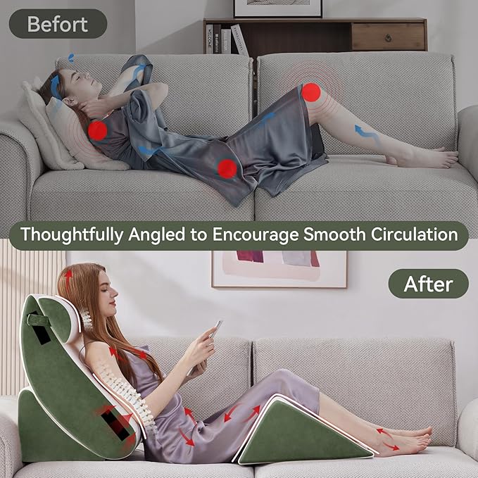 Newgoo Wedge Pillow Set for After Surgery, 5PCS XL Bed Wedge Pillow for Sleeping, Memory Foam Orthopedic Back Pillow for Pain Relief and Acid Reflux, Adjustable Post Surgery Pillow Green