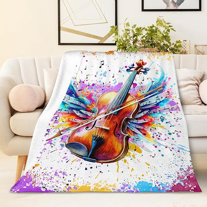 Music Blanket for Kids Teens Adults, 50x60 Inches Violin Throw Blanket Gifts for Women Girls Musician Music Enthusiast, Vintage Soft Fuzzy Flannel Music Themed Blanket Decor for Couch Sofa Bed