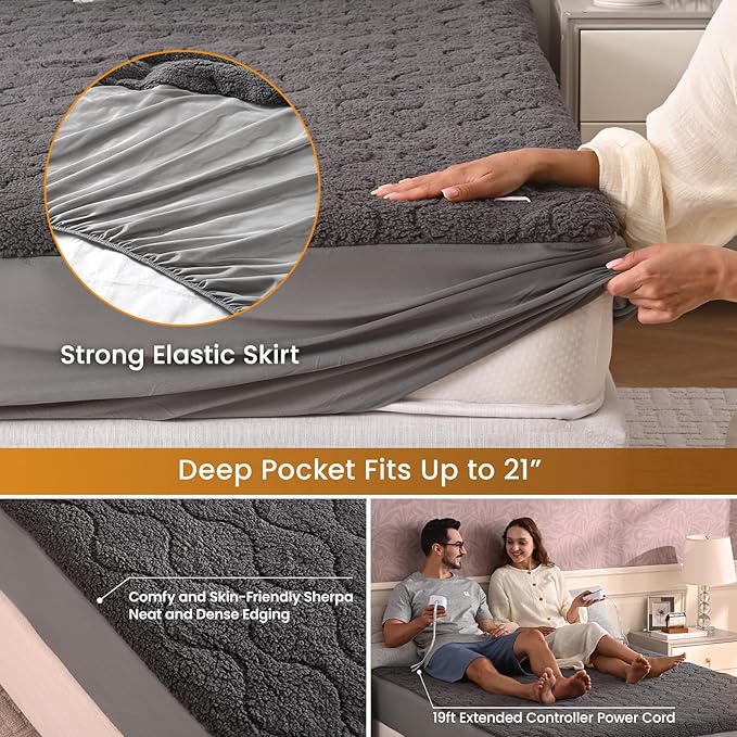 Bearhug Electric Heated Mattress Pads King Size Dual Controllers 78”×80” Sherpa Bed Warmer 21” Deep Pocket 10 Heat Settings 12-Hour Timer Machine Washable Gray