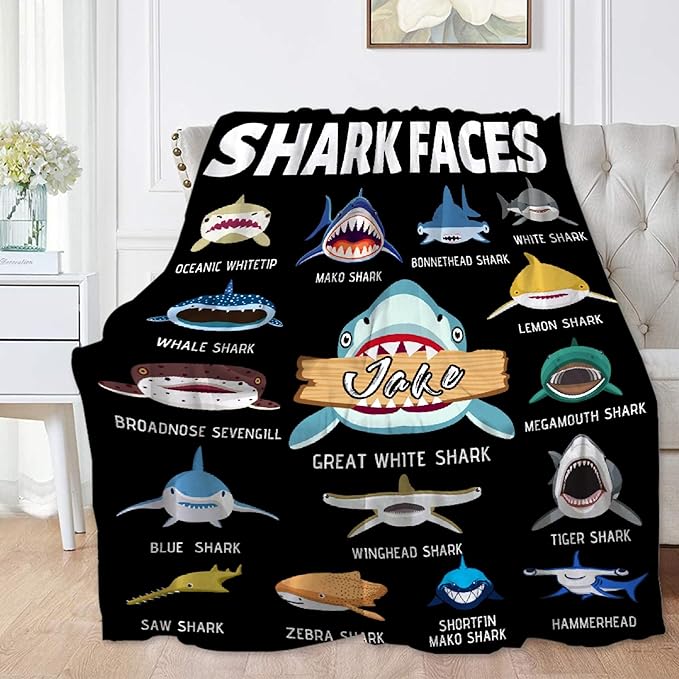 Custom Shark Faces Blankets Gifts for Birthday Son Daughter Brother Friends On Bed Sofa,Personalized Premium Flannel Blankets for Christmas Thanksgiving, All Season Use 50''x 60'' -M