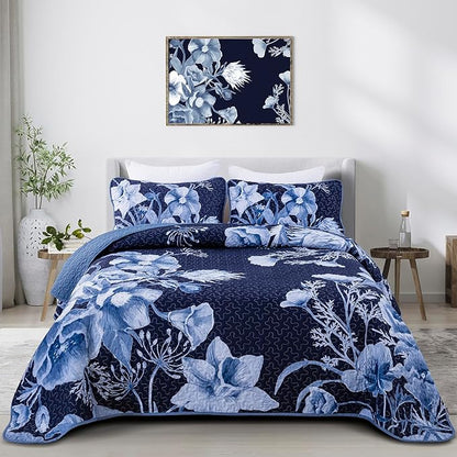 Floral Quilt Set King 3 Pieces Navy Blue Floral Quilt Coverlet Set Soft Microfiber Lightweight Navy Blue Quilted Bedspread for All Season 104"x90"