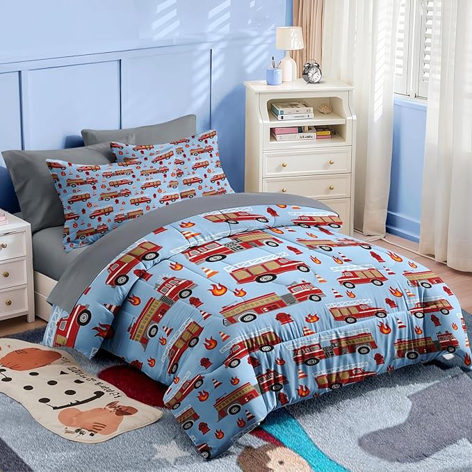 Nesker 7 Pcs Comforter Set Queen Size, Red Fire Engine Bedding for Kids Teen, Fire-Fighting Trucks Vehicle with Fitted Sheet 2 Pillowcases & 2 Shams for Bedroom Bed Decor