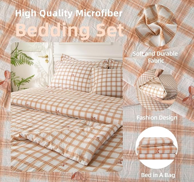 SDY 7PCS Brown Gingham Bow Bedding Set Queen，Soft Washed Microfiber Plaid Comforter Set and Checkered Sheets for Kids, Toddler, Girls, Boys，Cozy Brown Gingham Comforter