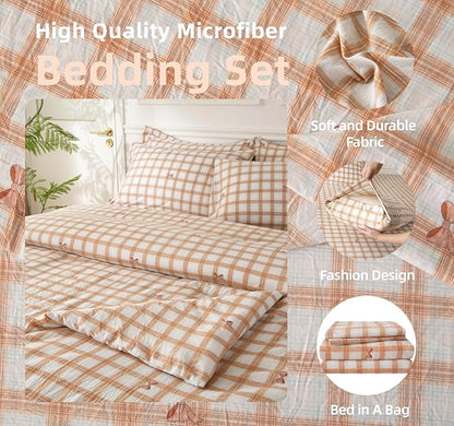 SDY 7PCS Brown Gingham Bow Bedding Set Queen，Soft Washed Microfiber Plaid Comforter Set and Checkered Sheets for Kids, Toddler, Girls, Boys，Cozy Brown Gingham Comforter