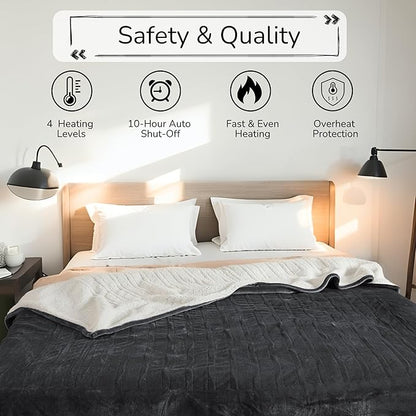 Electric Heated Blanket 72"x84" Full Size - Dual-Sided with Microplush & Sherpa Fabric, 4 Heat Settings & 10 Hours Auto Off, Machine Washable - Iron Gray
