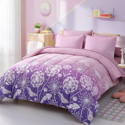 Menghomeus Girls Comforter Set Queen Size 7 Pieces Bed in A Bag Ombre Purple Pink Bedding Set Dandelion Butterfly Print Kids Bedding Collections