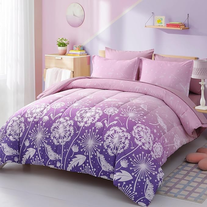 Menghomeus Girls Comforter Set Twin Size 5 Pieces Bed in A Bag Ombre Purple Pink Bedding Set Dandelion Butterfly Print Kids Bedding Collections
