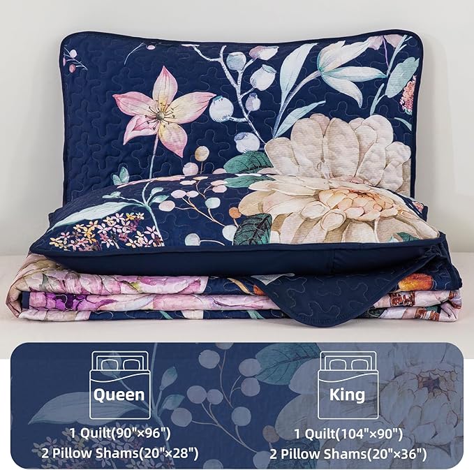 Drucon Floral Quilt Queen Size - 3 Pieces Navy Blue Quilt Botanical Bedspread Soft Lightweight Flower Bedding Set for All Season (96"x90")
