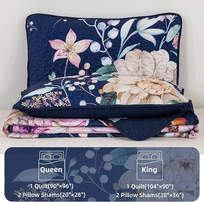 Drucon Floral Quilt Queen Size - 3 Pieces Navy Blue Quilt Botanical Bedspread Soft Lightweight Flower Bedding Set for All Season (96"x90")