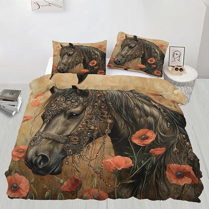 Horse Duvet Cover Queen Size, Poppy Fields Horses Bedding Set 3 Piece Bedroom Decor Vintage Rural Farmhouse Comforter Cover with Zipper Ties & 2 Pillowcases