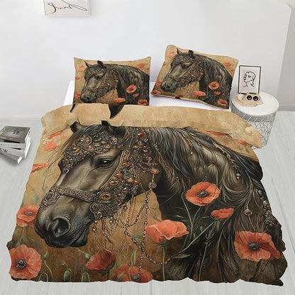 Horse Duvet Cover Twin Poppy Fields Horses Bedding Set 2 Piece for Kids Bedroom Vintage Rural Farmhouse Comforter Cover with Zipper Ties & 1 Pillowcases