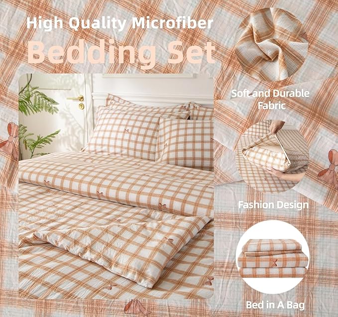 SDY 7PCS Bowknot Checkered Bedding Set Twin, Cozy Bow Bedding Set for Kids,Boys and Girls with Washed Microfiber Comforter, Flat Sheet, Fitted Sheet and Pillowcases & Shams