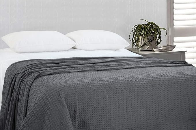HILLFAIR 100% Combed Cotton Blanket– Twin XL Size Bed Blankets– Warm Soft All Season Breathable Lightweight Summer Blankets– Waffle Weave Home Decor Bed Blanket- Grey Bed Cotton Blankets/Bedcovers