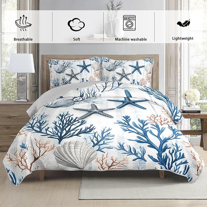 Starfish Coastal Bedding Quilt Sets Queen Size,Summer Shell Blue Coral Nautical Bedding Quilt with 2 Pillowcases,Beach Themed Soft Lightweight Quilted Set.