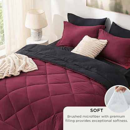Bedsure Full Size Comforter Set - 7 Pieces Reversible Burgundy and Black Bedding, Full Size Bed Set for All Seasons, Bed in a Bag with Down Alternative Comforter, Sheets, Pillowcases & Shams
