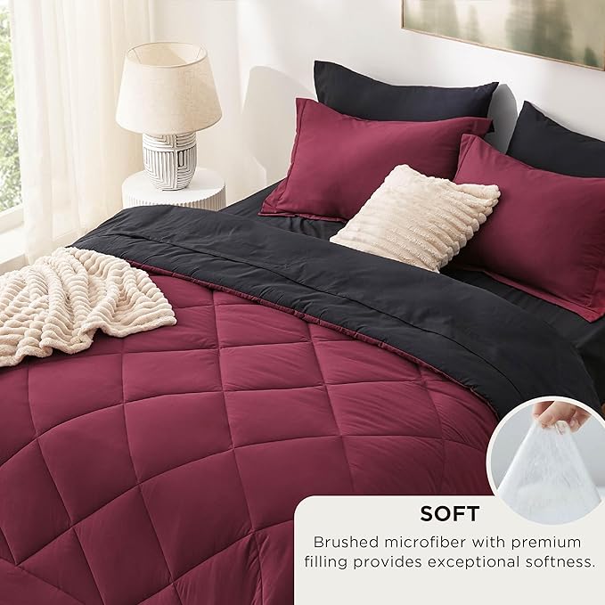 Bedsure King Size Comforter Set - 7 Pieces Reversible Burgundy and Black Bedding, King Size Bed Set for All Seasons, Bed in a Bag with Down Alternative Comforter, Sheets, Pillowcases & Shams