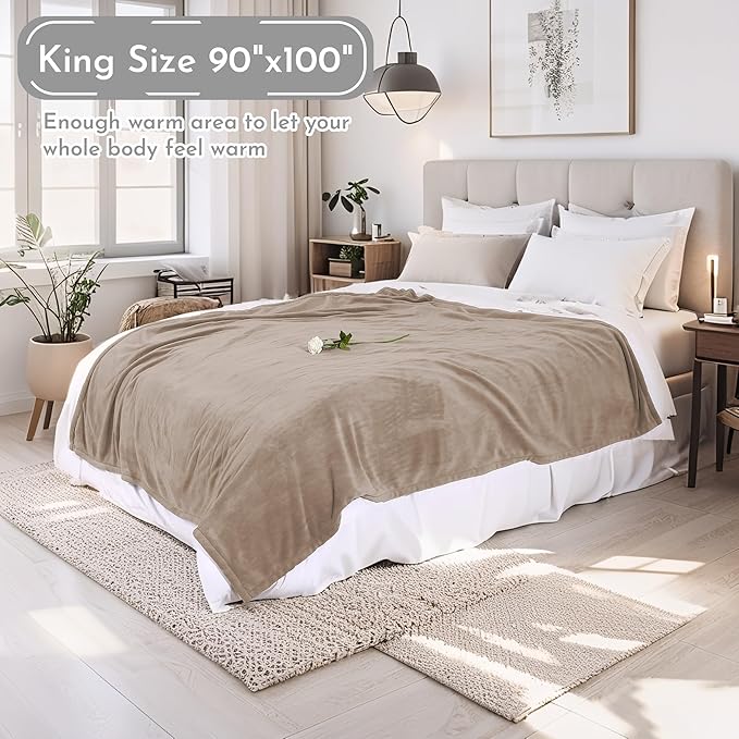 Electric Heated Blanket 90"x100" King Size Microplush Cover Blanket, 4 Heat Settings & 10 Hours Auto Off, Cozy & Warm for All Night, Machine Washable, Light Brown