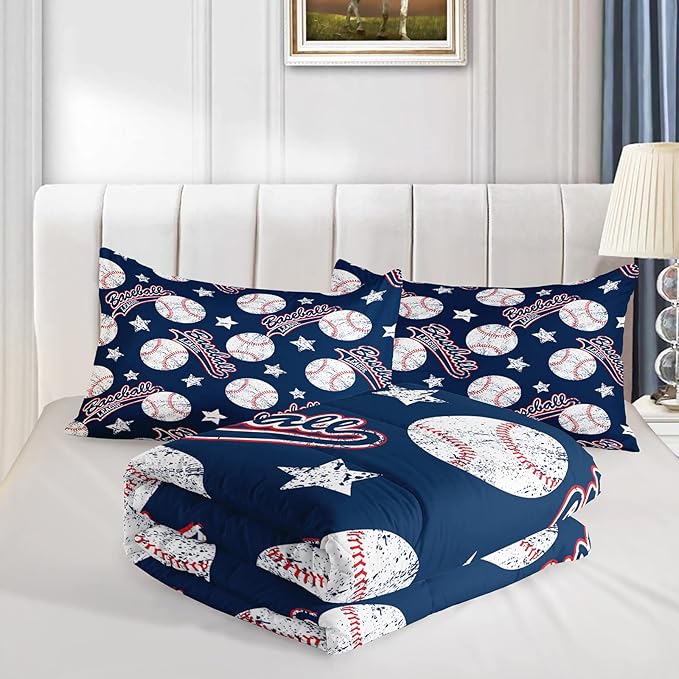 QOOMO 3D Baseballs Comforter King Size,Blue Baseball Kids Comforter Set,3Pcs Bedding Set Printed Comforter with 2 Pillowcases,Down Alternative,Soft and Lightweight,for All Seasons