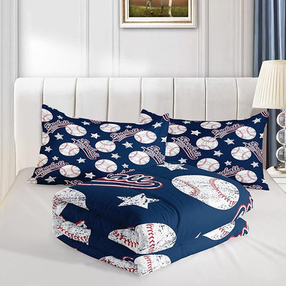 QOOMO 3D Baseballs Comforter Queen Size,Blue Baseball Kids Bedding Set,3Pcs Bedding Set Printed Comforter with 2 Pillowcases,Down Alternative,Soft and Lightweight,for All Seasons