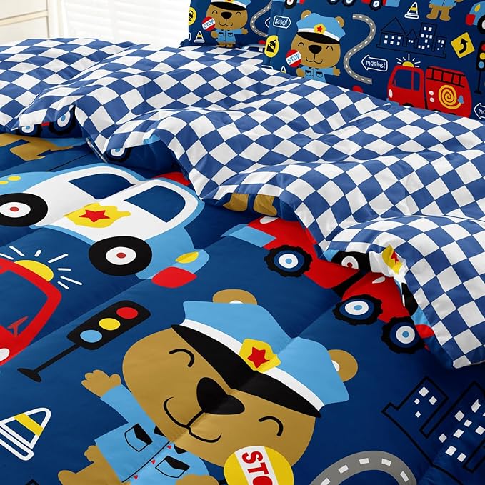 Kids Cop Car Comforter Set for Little Boys, Fire Truck Police Car Bedding Set, City Traffic Bedding Collection Include (1 Comforter, 2 Pillowcases, 1 Fitted Sheet, 1 Flat Sheet), Blue