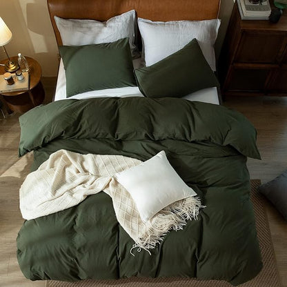 Dark Green Duvet Cover King, 100% Washed Cotton Linen Like Textured Solid Color Casual Modern Dark Green Bedding Set, with Zipper Closure, Luxury Soft Relaxed Feel Natural Wrinkled Comfy (3pcs, King)