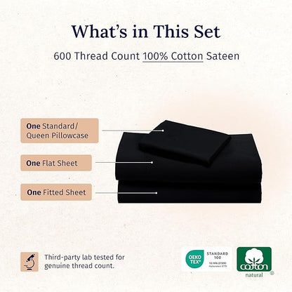 California Design Den Twin XL Sheets Set - Luxury 600 Thread Count Sateen, Natural 100% Cotton Sheets, Fully Elasticized Deep Pockets, Crisp, Cool and Durable Bedding for Dorm Room - Black