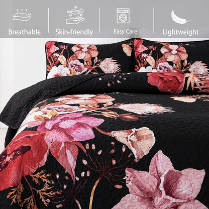 Floral Quilt Set King 3 Pieces Red Floral Quilt Coverlet Set Soft Microfiber Lightweight Black Quilted Bedspread for All Season 104"x90"