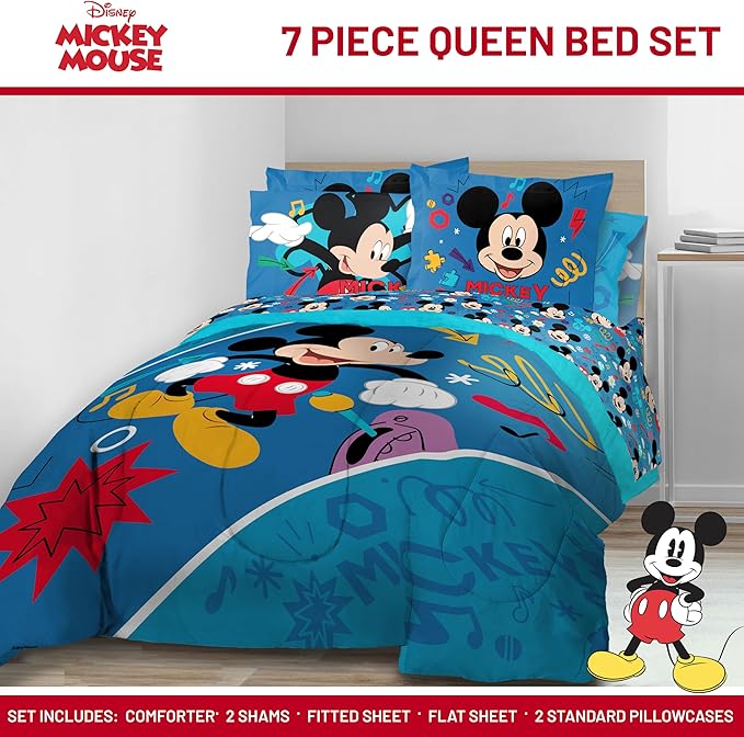 Jay Franco Kids Comforter Set Includes Sheets and Pillow Covers - Soft and Cozy Bed Set for Stylish Room Decor, Blue - Mickey Mouse, 7 Queen Piece Bedding