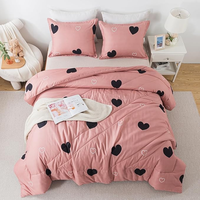Caressma Queen Comforter Set Cameo Brown, Pink Cute Love Heart Sexy Comforter Bedding Set for All Seasons, Geometric Soft Microfiber 3 Pieces Comforter Set with Pillowshams