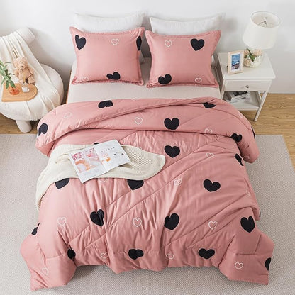 Caressma Heart Pattern Queen Size Comforter Set, Pale Pinkish Girls 3 Pieces Love Bedding Comforter, Soft Microfiber Fluffy Lovely Comforter Set for All Seasons Room Decor