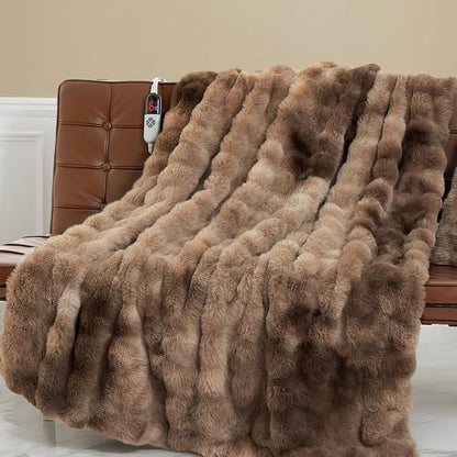 Faux Fur Twin Electric Blanket 62"X84" - Bubble Faux Fur Heated Blanket Fluffy Soft Fuzzy with 6 Fast Heating Levels & 10 hrs Timer Settings, Washable & ETL Certified for Office Bed, Tie-Dye Brown