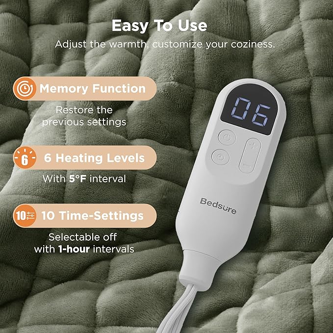 Bedsure Electric Blanket Full Size - Quilted Heated Blanket Full, Soft Flannel Thick Heating Blanket with 10 Time Settings & 6 Heat Settings, Warm Gifts for Women Men (72x84 inches, Olive Green)