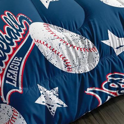 QOOMO 3D Baseballs Comforter Full Size,Blue Baseball Kids Bedding Set,3Pcs Bedding Set Printed Comforter with 2 Pillowcases,Down Alternative,Soft and Lightweight,for All Seasons