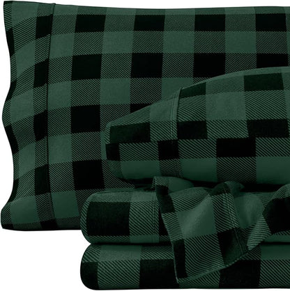 Bare Home Flannel Sheet Set Prints, 100% Cotton, Velvety Soft Heavyweight - Double Brushed Flannel - Deep Pocket (Full, Buffalo Plaid - Forest Green/Black)
