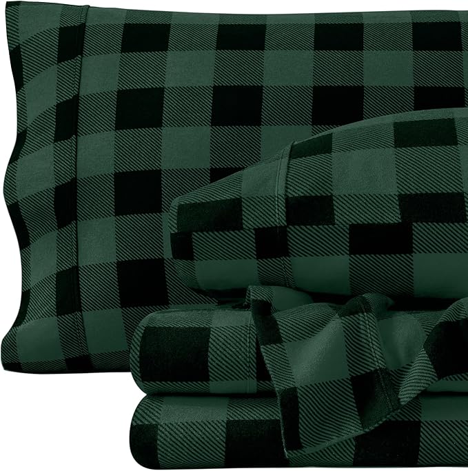 Bare Home Flannel Sheet Set Prints, 100% Cotton, Velvety Soft Heavyweight - Double Brushed Flannel - Deep Pocket (Queen, Buffalo Plaid - Forest Green/Black)