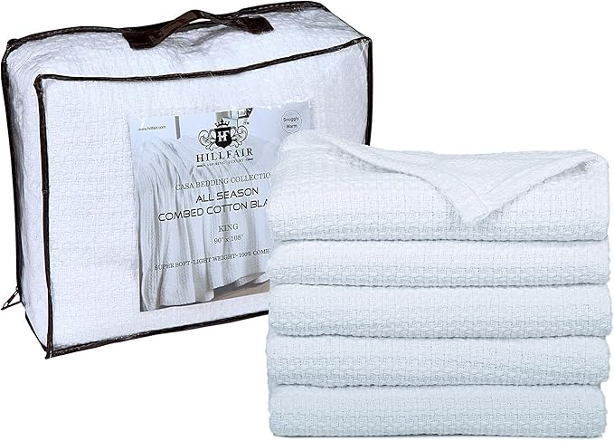 HILLFAIR 100% Cotton Blanket- 120" x 120" XXL Oversized King Bed Blankets - Family Size 10 ft x 10 ft Big - All Season Soft Cozy Breathable Blankets for Bed - Extra Large King Cotton Blanket- White