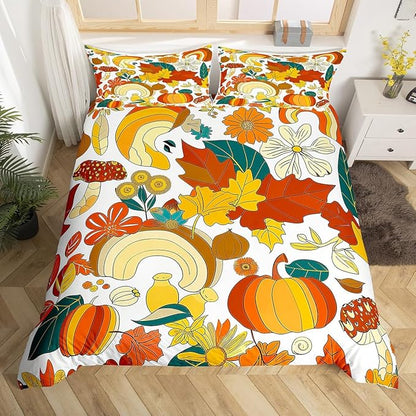 Castle Fairy 70s Groovy Hippie Retro Duvet Cover Set Twin Size,Vintage Fall Floral Leaves Comforter Cover for Kids Boys Bedroom Gift,Mushroom Pumpkin Rainbow Bedding Set with 1 Pillowcase Bedspread